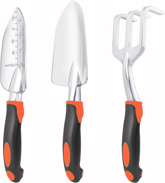 Product image of Garden Tools Set, 3 Pack Heavy Duty Gardening Tools Set Include Garden Shovel, Transplant Trowel and Hand Rake with Ergonomic Handle, Aluminum Alloy Lawn for Planting, Orange