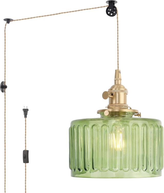 Product image of Plug in Pendant Light Hanging Light Fixture Corded On/Off Switch Brass Pendant Light with Green Striped Glass Lampshade for Bedroom Living Room Kitchen Island