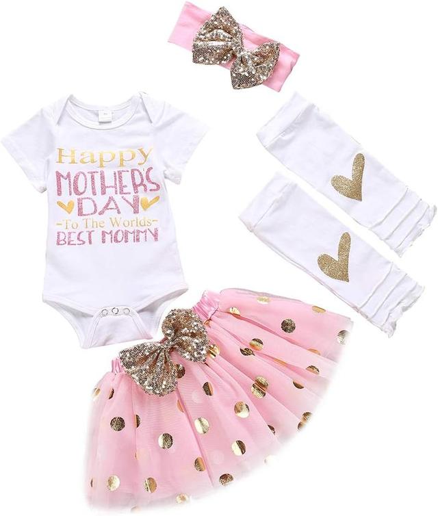 Product image of XFGLCK Newborn Infant Baby Girl My 1st Mother's Day Skirt Set Romper+Tutu Pink Dot Skirt+Headband+Legging Warmer 4Pcs