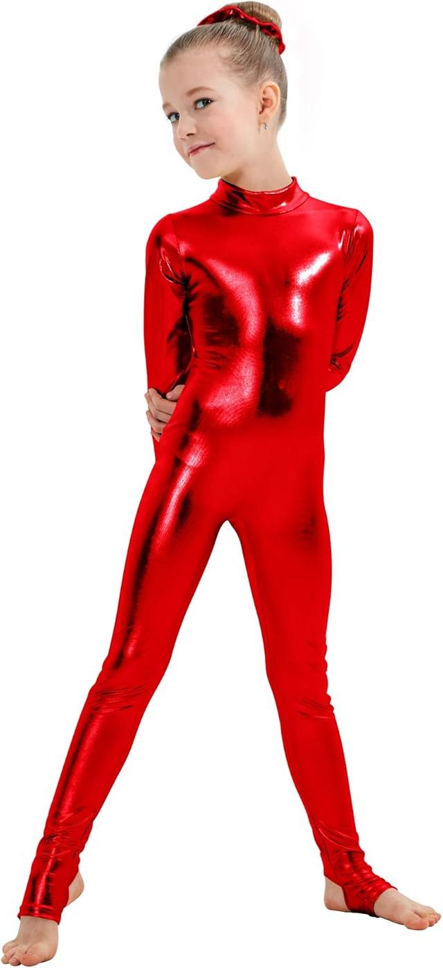 Product image of Kepblom Girls Shiny Metallic Mock Neck Unitard Long Sleeve Zipper Back One Piece Bodysuit Costume