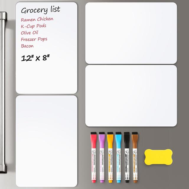 Product image of 4 PACK Magnetic Dry Erase Board Sheet for Fridge, 12"x8" Erasable Refrigerator WhiteBoard w/ 6 Markers & 1 Eraser- Smooth and Flexible Small Magnet Blank Notepad for Home Kitchen Organizer and Planner