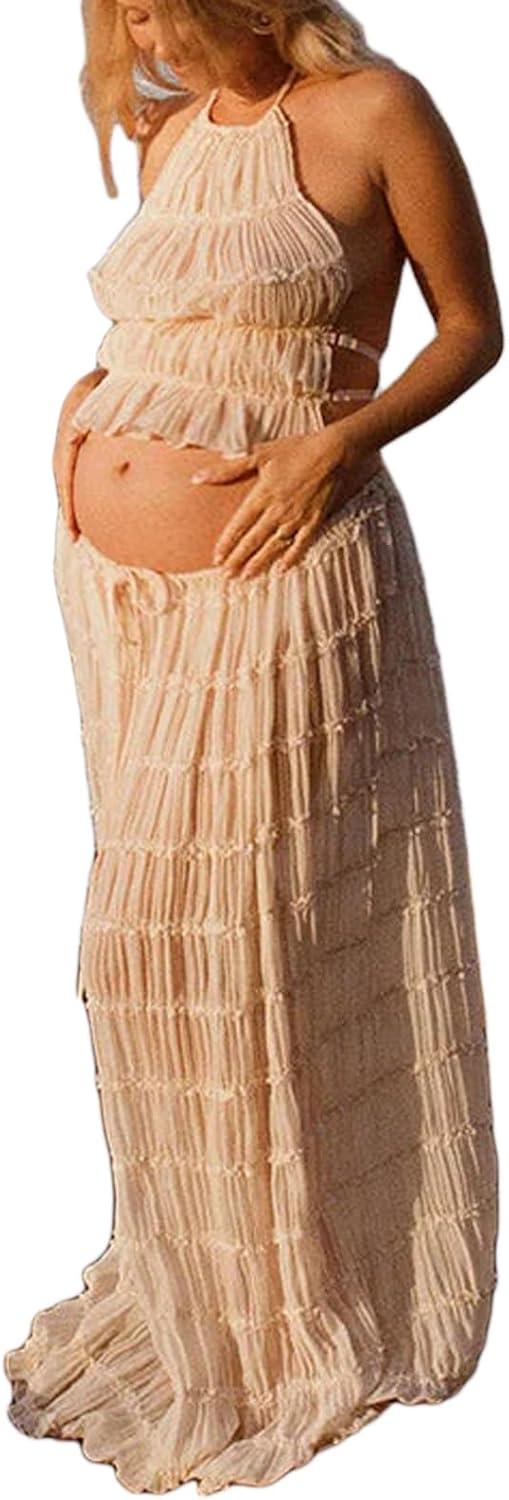 Product image of Maternity 2 Piece Maxi Skirt Sets Summer Backless Halter Tank Crop Top Long Skirt Going Out Photoshoot Beach Outfits