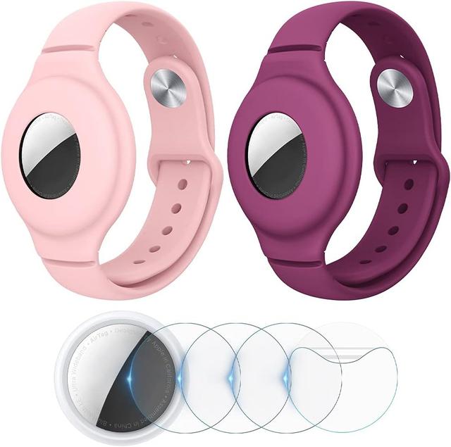 Product image of VEGO for AirTag Bracelet, 2 Pack Silicone Watch Bands + 4 Pack Anti-Scratch Films, Metal Studs Anti-dropping Wristband for Apple AirTag