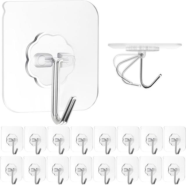 Product image of ZESLMG Adhesive Wall Hooks for Hanging, 16 Pack Heavy Duty Self Sticky Hooks 22lb(Max) Stainless, Waterproof Oilproof Utility Hooks for Towel Coat Keys Bathroom Shower Kitchen Wardrobe Outdoor, Clear