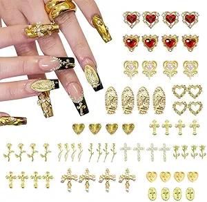Product image of 64pcs Gold Nail Charms Set with Gold Cross, Hearts, Rose, and Virgin Mary - Y2K 3D Chrome Nail Decorations