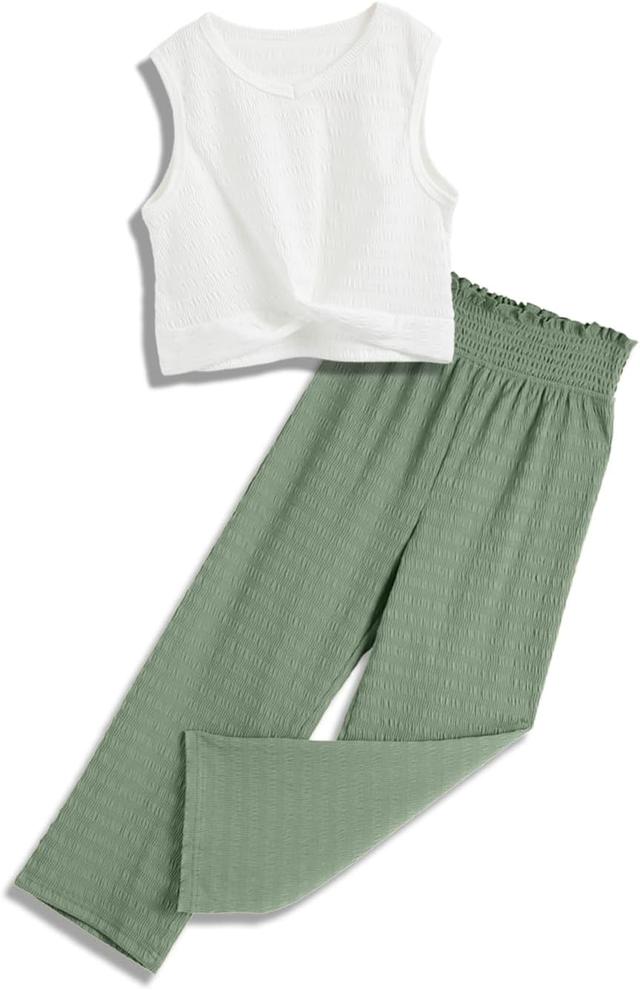 Product image of Kids Clothes Girls Summer 2025 Cute Outfits 2 Piece Tie Knot Crop Tops Wide Leg Long Pants Sets Suit
