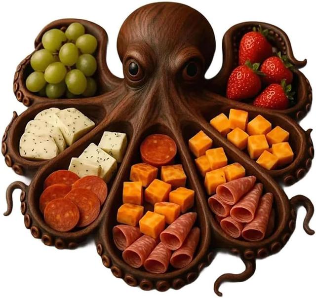 Product image of Octopus Charcuterie Platter, Ocean Theme Party Board with 8 Tentacle Design, Nautical Wood Serving Tray for Cheese, Ideal Gift for Seafood Lovers, Entertainers (S)