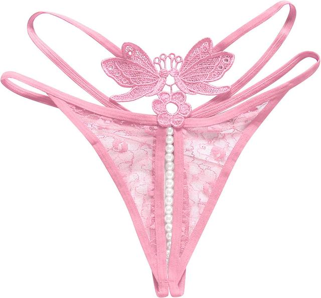 Product image of Womens Crotchless Panties Sexy Pearl Lace Butterfly Embroidery Low Waisted Panties Hollow Out See Through Stretch Underwear Boy Shorts Underwear for Women,Pink,One Size