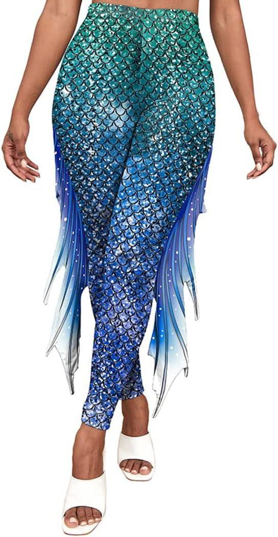 Product image of Mermaid Yoga Print Leggings for Women Plus Size Fish Scale High Waisted Pants Halloween Costume Tights