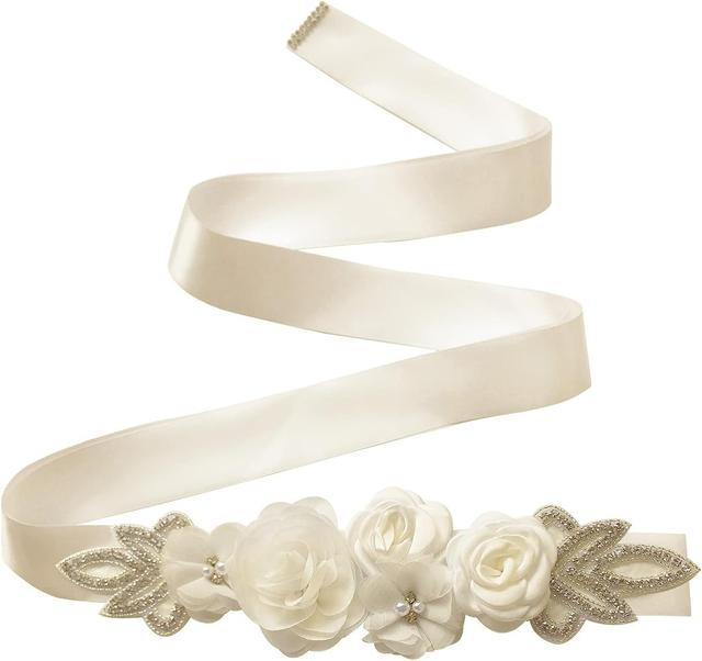 Product image of Weileenice Flower Girl Floral Milky White Sash for Wedding Junior Bridesmaid Ivory Rhinestone Belt Kids Bridal Sashes