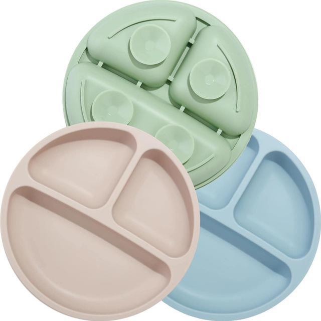 Product image of PandaEar Divided Unbreakable Silicone Baby and Toddler Plates - 3 Pack - Non-Slip - Dishwasher and Microwave Safe - Silicone (Blue Green Brown)