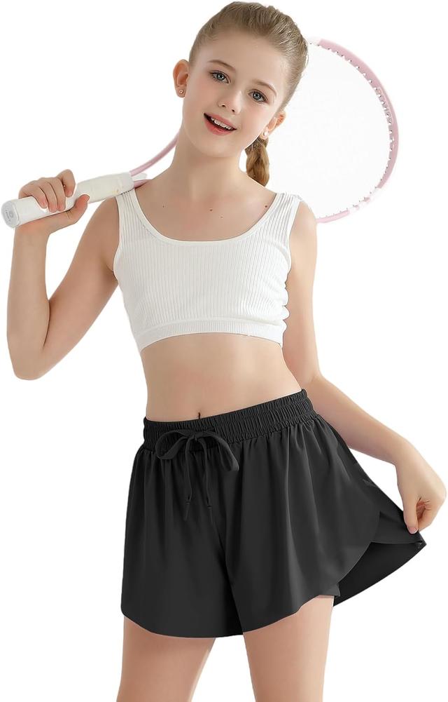 Product image of Girls Flowy Athletic Shorts with Pocket Kids Spandex 2 in 1 Drawstring Butterfly Skorts for Cheer, Dance, Running