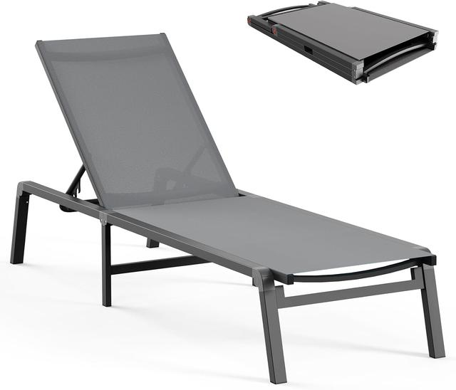 Product image of Aluminum Chaise Lounge Ourdoor - Foldable & Assemble Free Outdoor Lounge Chair with 5 Adjustable Backrest, Patio Lounge Chair for Outside Poolside Beach Pool, Grey