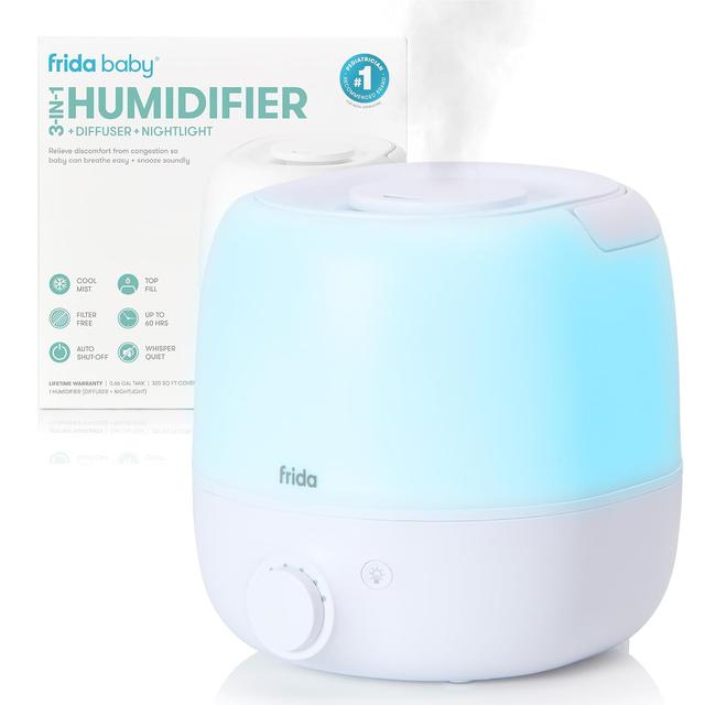 Product image of Frida Baby 3-in-1 Cool Mist Humidifier for Large Rooms, Top Fill Humidifier for Bedroom, Allergy Relief, 60 Hour Runtime + Nightlight, Auto Shut-Off, Quiet, Carry Handle, Essential Oil Diffuser