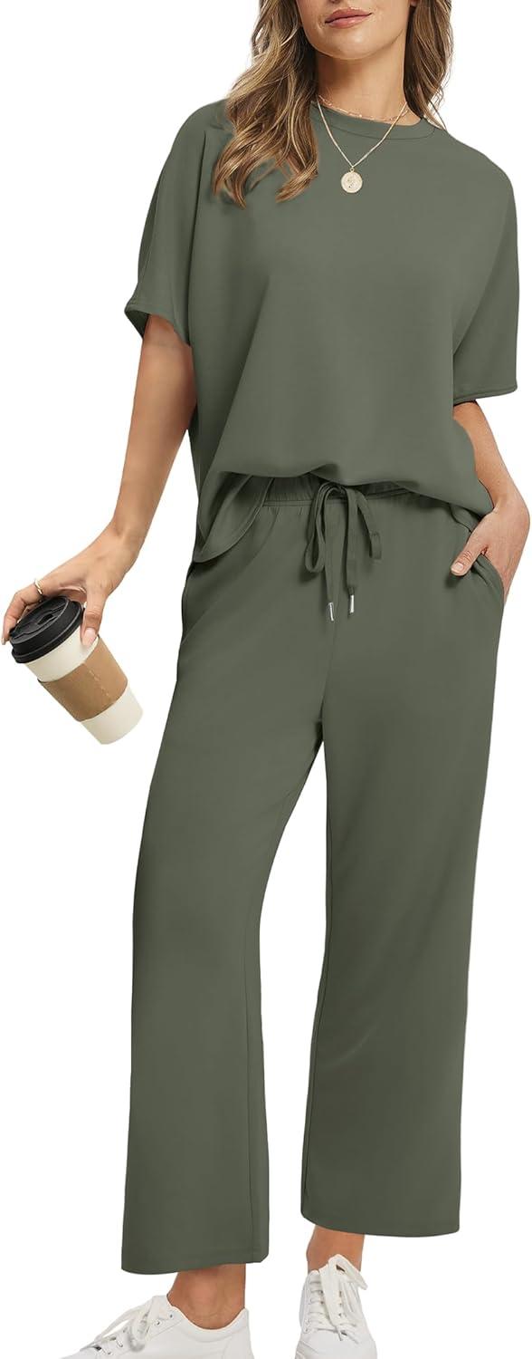 Product image of SAMPEEL Two Piece Sets for Women Summer Outfits Oversized Wide Leg Crop Pants Lounge Sets Airport Beach Vacation Clothes