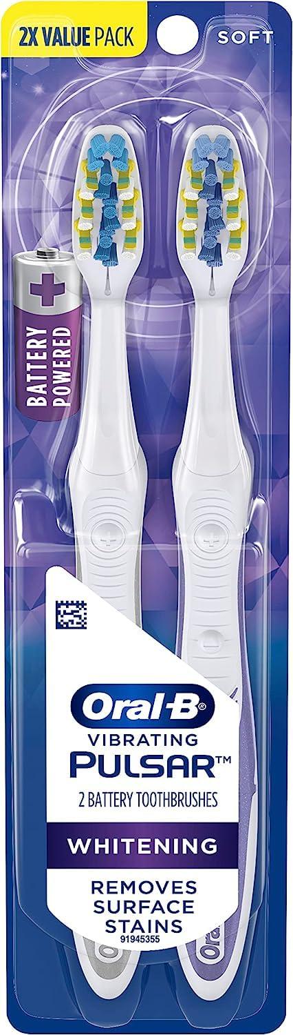 Product image of Oral-B Pulsar, Battery Powered 3D White Advanced Vivid Soft Toothbrush Twin Pack, Tooth Brush Pack, Travel Essentials (Colors May Vary)