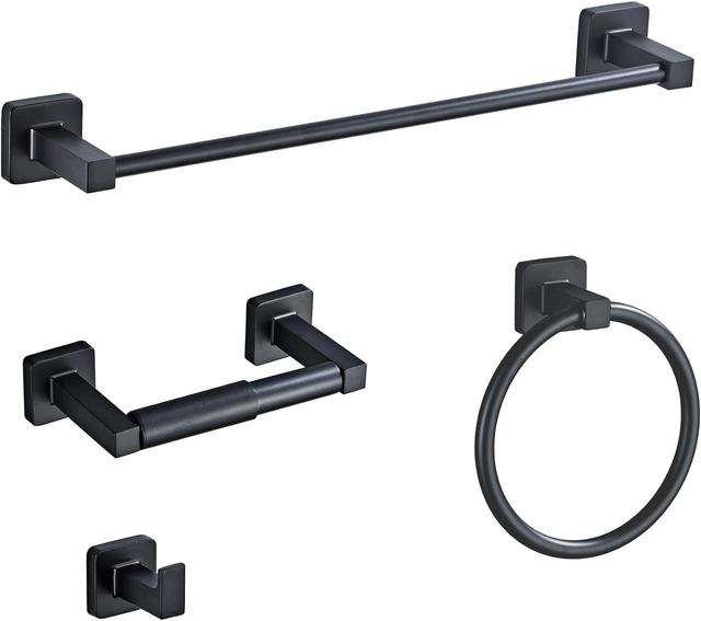Product image of Matte Black Bathroom Hardware Set 4 Pieces,Towel Bar Set Stainless Steel Wall Mounted, Includes 16In Hand Towel Bar, Towel Ring, Robe Towel Hooks,Toilet Paper Holder, Bathroom Towel Rack Set