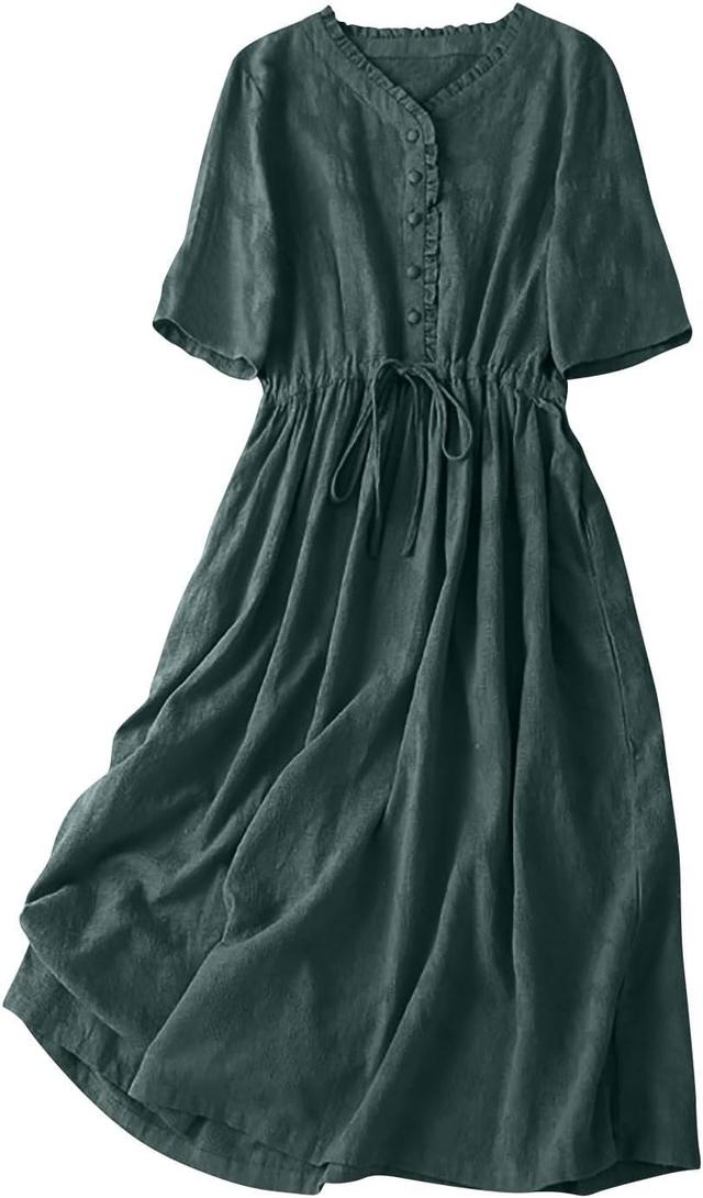 Product image of SHOPESSA Womens Linen Dress Summer Short Sleeve Tie Waist A Line Midi Dresses Elegant Solid Color Embroidered Swing Dress