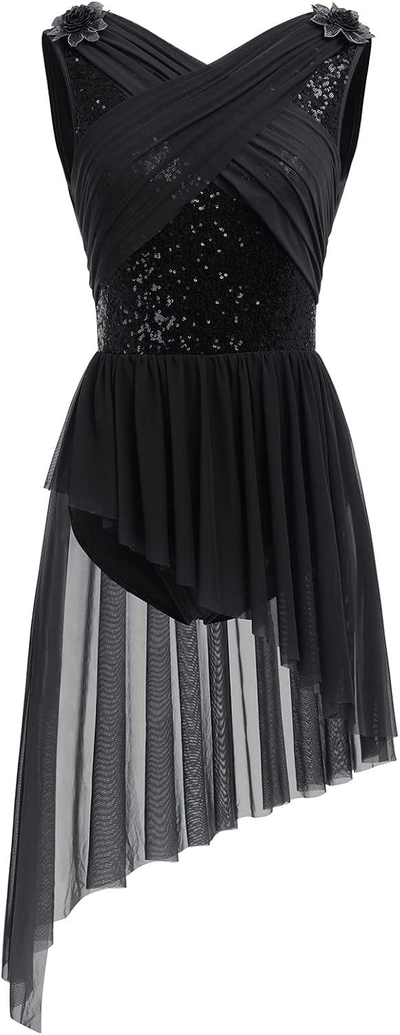 Product image of AFAVOM Women's Lyrical Dance Costume Sequin Flower Lyrical Dress Asymmetric Flowy Tulle Skirt Contemporary Dance Costumes