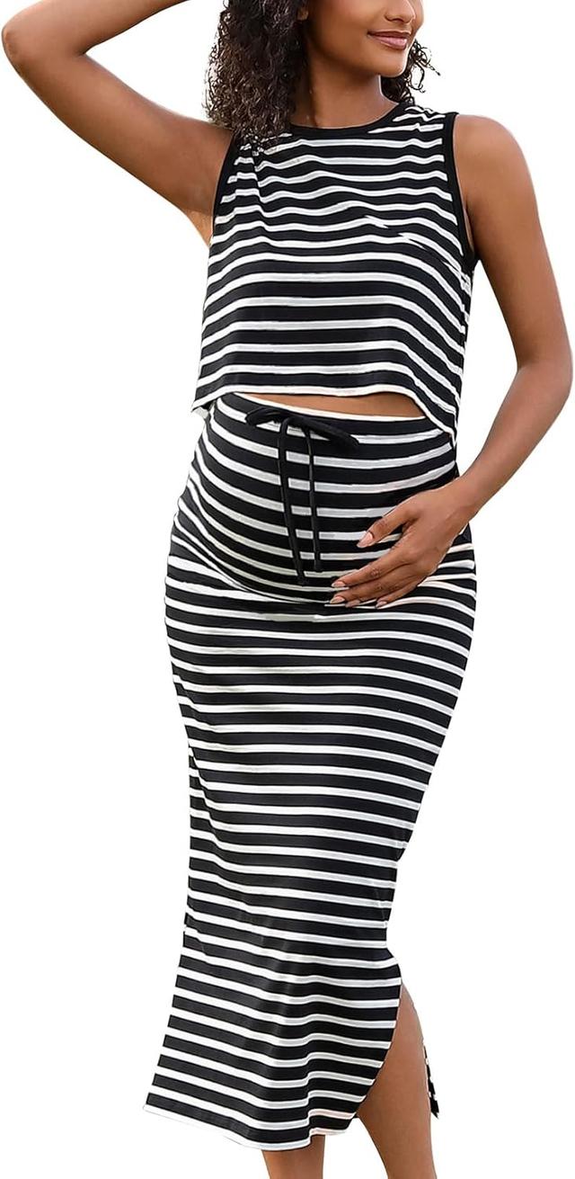 Product image of GINKANA Womens Maternity 2 Piece Outfits Striped Sleeveless Tank Top and High Waist Split Side Midi Skirt Set