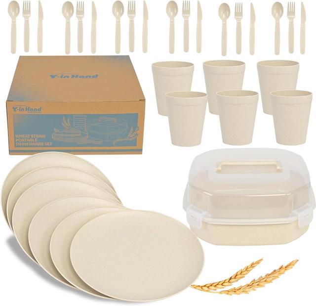 Product image of Wheat Straw Dinnerware Sets for 6, 31 Piece Unbreakable Outdoor Cutlery Set. Reusable plates and cups set for camping, picnics, RV trips, and party grills.(Beige)