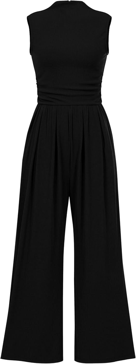 Product image of PRETTYGARDEN Womens Summer Jumpsuits Dressy Casual One Piece Outfits Sleeveless Mock Neck Wide Leg Pants Rompers with Pockets