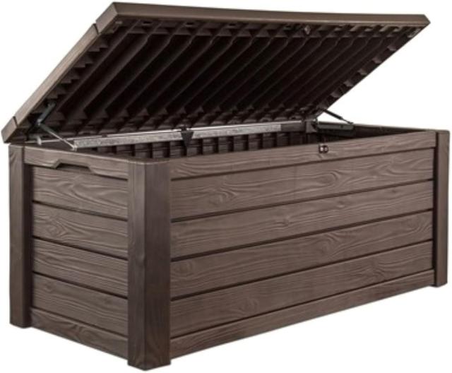Product image of Keter Outdoor Storage Deck Box, 150 Gallon Resin Patio Bin & Bench, Wood Grain, Brown