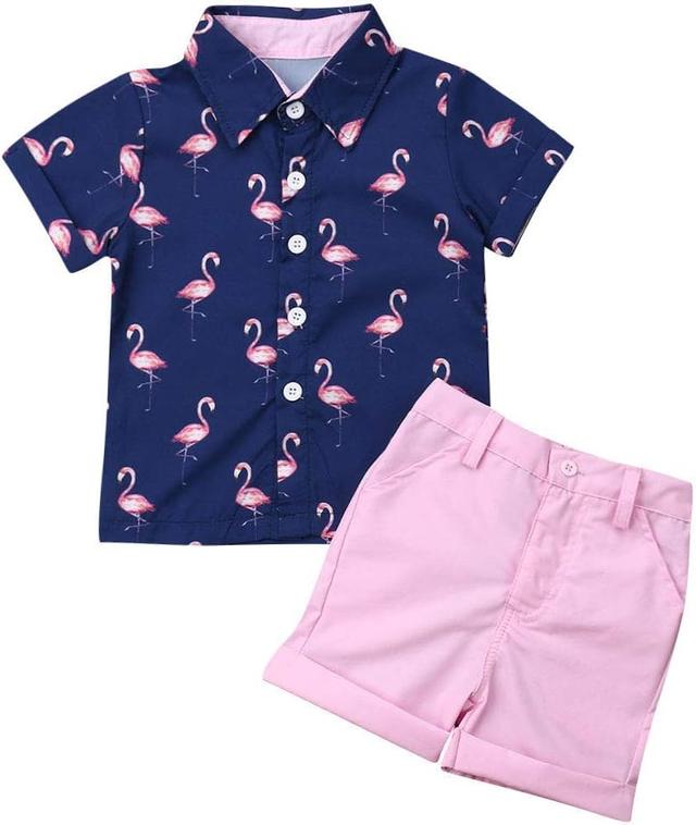 Product image of VISGOGO Toddler Baby Boy Flamingo Short Sleeve Button Down Shirt & Casual Shorts Set Summer Outfits 1-6 Years Clothes
