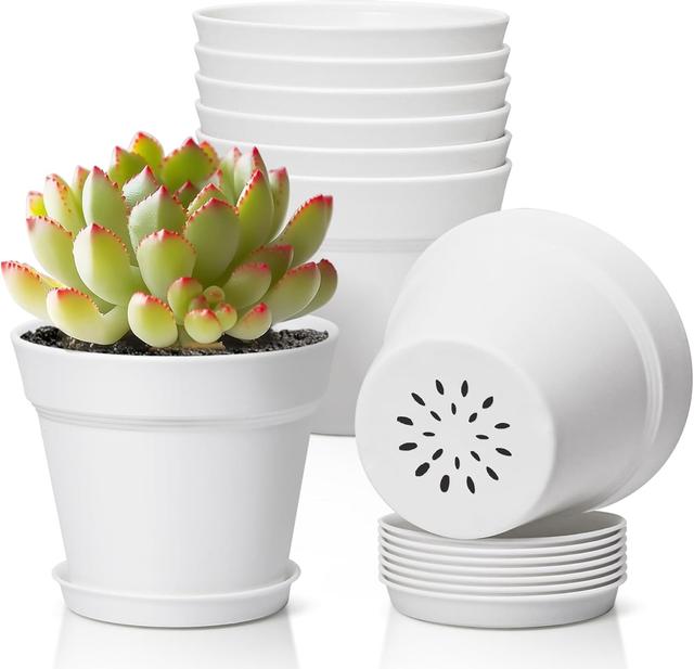 Product image of T4U 4 Inch Plant Pots 8-Pack, Small Flower Pots with Drainage Hole and Saucer, Decorative Nursery Pot Bulk for African Violet, Snake Plant, Succulent, Herb and Plants Indoor (8 Pcs 4" Pots, White)