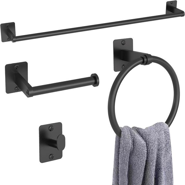 Product image of Matte Black Bathroom Accessories Set, KLJKPA 4 Pieces Bathroom Hardware Set, 24 inch Towel Bar, Towel Racks for Bathroom, Robe Towel Hooks, Toilet Paper Holder Wall Mounted