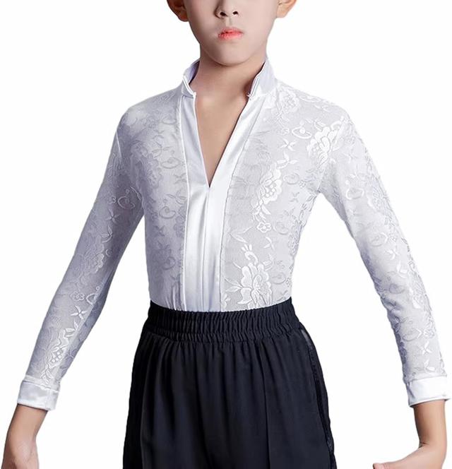 Product image of Kids Boys Floral Lace Mesh Latin Modern Dance Shirt Tops Leotard Ballroom Dancewear V-Neck Bodysuit See-Through
