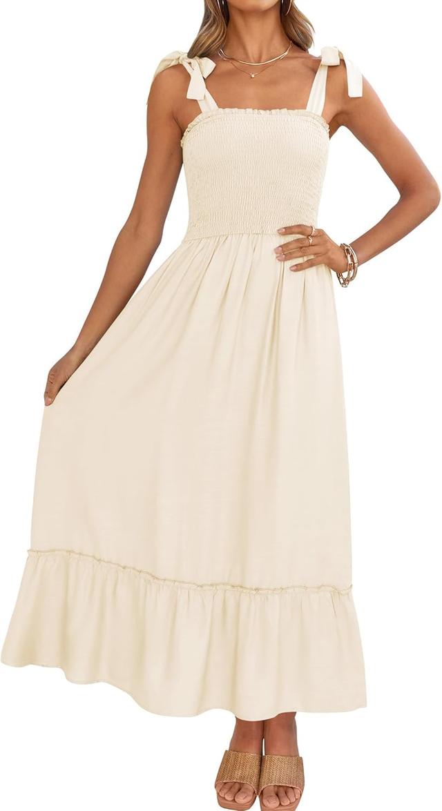 Product image of ZESICA Women's 2025 Summer Boho Spaghetti Strap Square Neck Solid Color Ruffle A Line Beach Long Maxi Dress