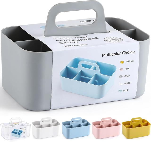 Product image of Multiuse Caddy Organizer with Handle - Stackable Plastic Tote Bin - Art Craft Supplies, Office, Desk, Stationery Pen Holder, Kitchen, Utensil, Makeup, Bathroom, Shower, Cleaning, Dorm Organizer - Grey