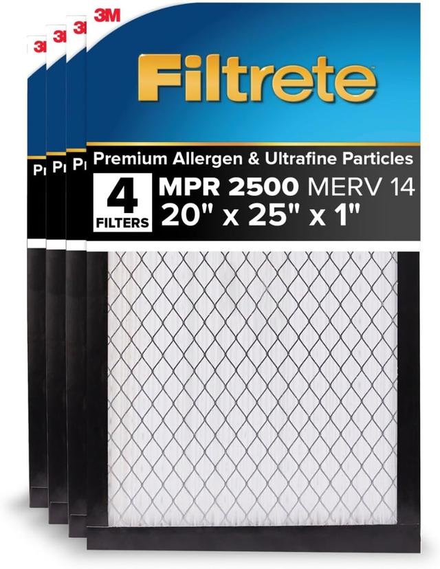 Product image of Filtrete 20x25x1 AC Furnace Air Filter, MERV 14, MPR 2500, High Performance Premium Allergen, Ultrafine Particles, Bacteria & Virus Filter, CERTIFIED Asthma & Allergy Friendly, 4-Pack
