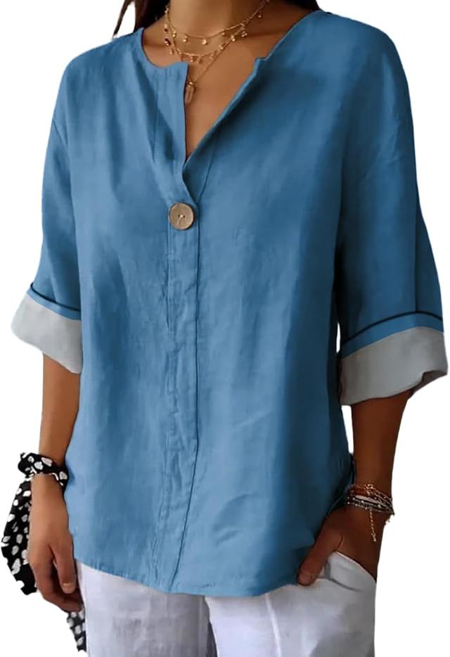 Product image of Shirts for Women Trendy Solid Color Button Down 3/4 Long Sleeve Blouse Lightweight Loose Casual Summer Tops