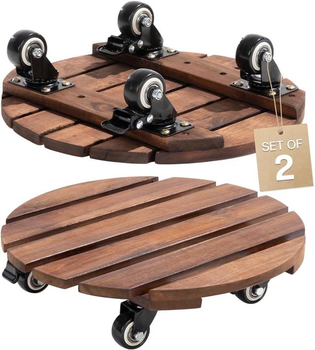 Product image of Idzo 2-Pack 14 Inch Acacia Wood Plant Caddy with Wheels – Heavy-Duty Plant Dolly with 264 Lbs Capacity, 360° Lockable Wheels for Large Plant Pots, Heavy Objects, Ideal for Indoor and Outdoor Use