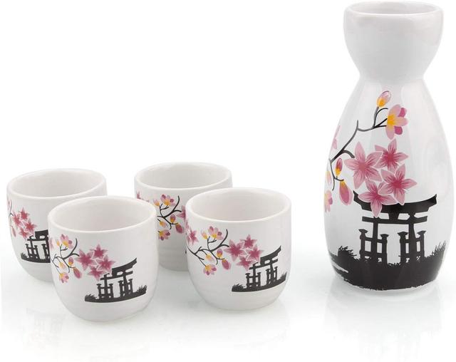 Product image of Japanese Sake Set, 1 Tokkuri Bottle & 4 Ochoko Cups, Spring Blossoms Ceramic Sake Set Microwave and Dishwasher Safe