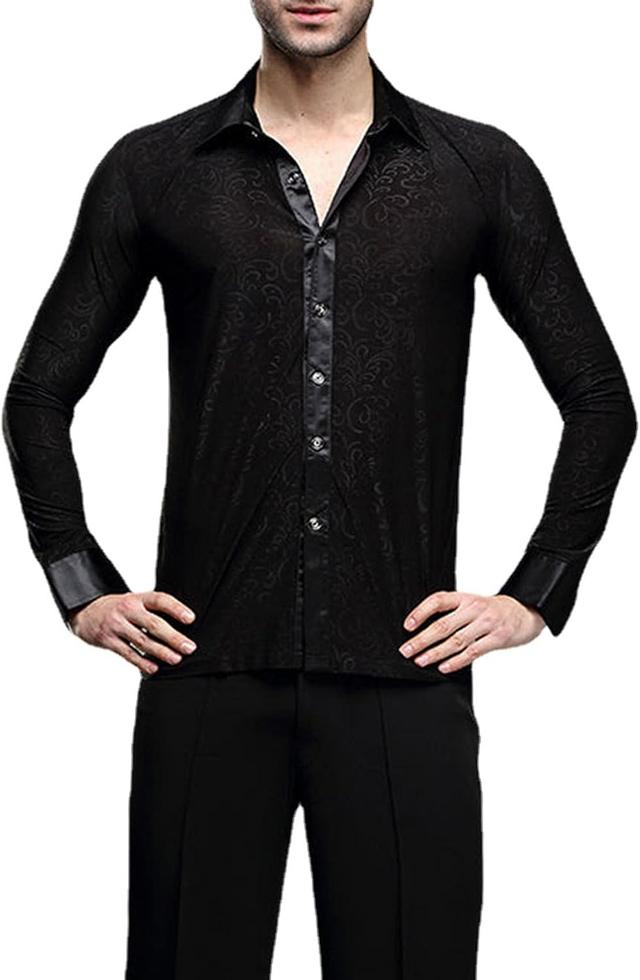 Product image of Black Dress Shirt for Men Wrinkle Free Mens Button Down Shirts Long Sleeve for Ballroom Latin Tango Dance