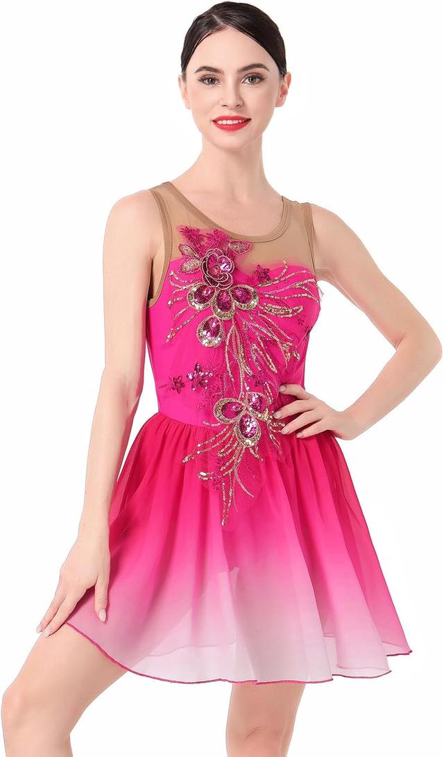 Product image of Figure Skating Dress for Women Ice Skating Costume Shiny Sequins Flower Dance Leotard Gradient Chiffon Flowy Skirt