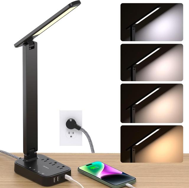 Product image of Addtam LED Desk Lamp, Power Strip with 3 Outlets 4 USB Charging Ports(2 USBC), 4 Modes 5 Level Brightness Touch Lamp, Small Desk Lamp for Home Office College Dorm Room Essentials