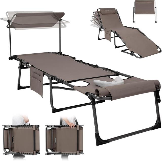 Product image of KingCamp Tanning Chair with Face Hole, Lounge Chairs Outdoor Folding Portable Comfy Adjustable 5-Position Foldable Chaise Chaser with Canopy Shade for Outside Beach Patio Sun Bathing Pool, Beige