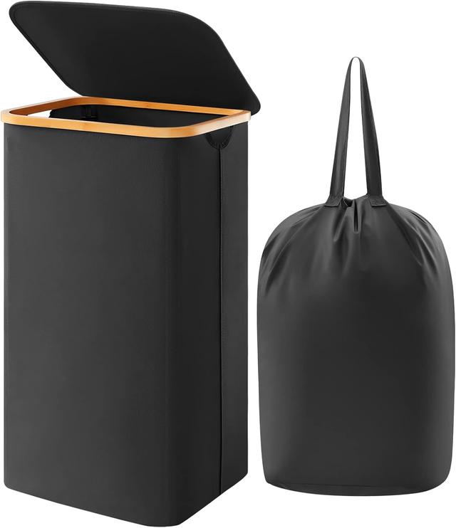 Product image of Lifewit 100L Laundry Basket with Lid, Clothes Hampers for Laundry with Bamboo Handles and A Removable Bag, Large Foldable Laundry Hamper for Bedroom, Bathroom, Dorm, Laundry Room, Black