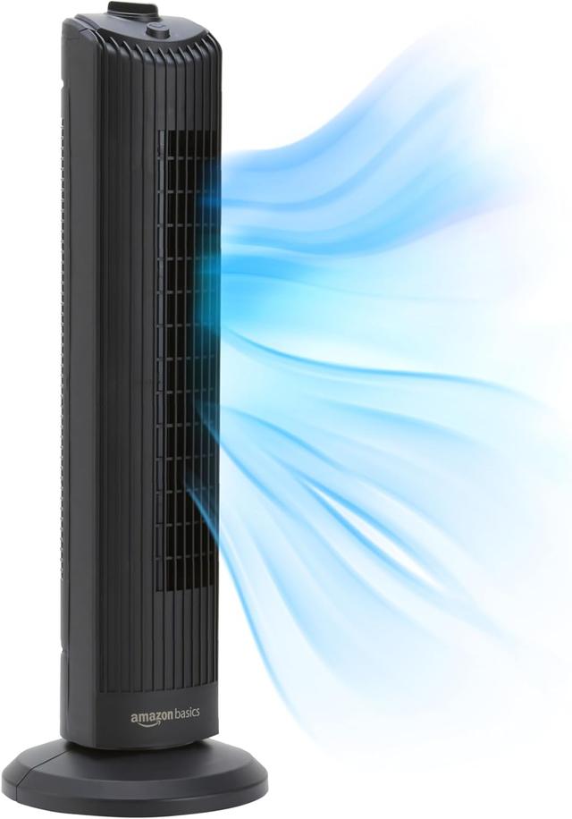 Product image of Amazon Basics 28" 60-Degree Oscillating Tower Fan for Bedroom, Living Room, Office, With 3 Speeds, Intuitive Mechanical Control, Black, 35W, 27.8"H x 9.4"D x 9.4"W