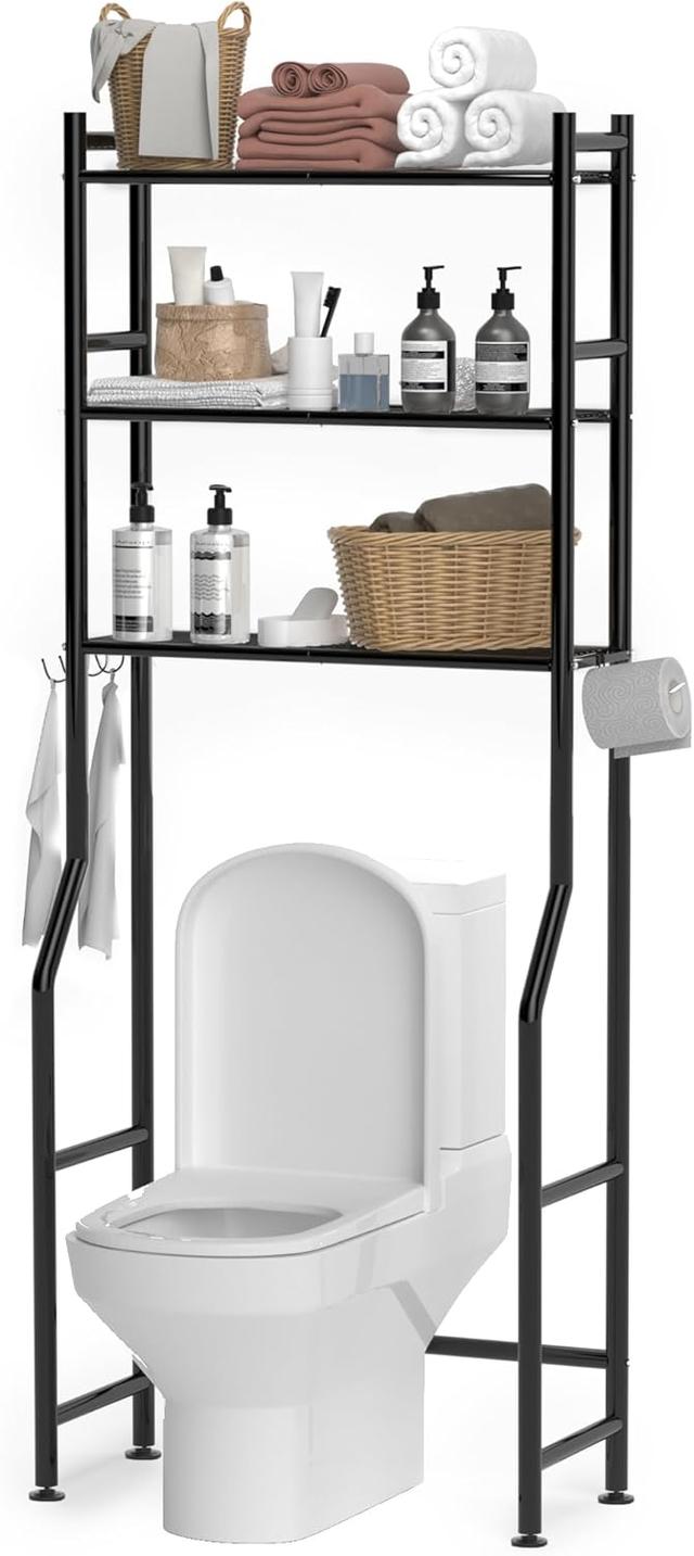 Product image of 3-Tier Over The Toilet Storage, Space Saver Metal Bathroom Shelves, Freestanding Above Over Toilet Storage Shelf with 4 Hooks for Bathroom, Black