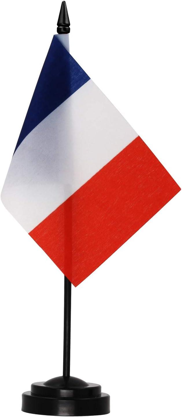 Product image of Anley France Deluxe Desk Flag Set - 6 x 4 Inch Miniature French Desktop Flag with 12" Solid Pole - Vivid Color and Fade Resistant - Black Base and Spear Top