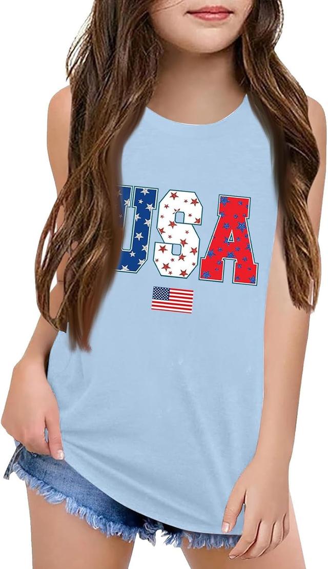 Product image of USA Shirt Girl Tank Tops Summer Cerw Neck Sleeveless Cute Shirts USA Flag Graphic Loose 4Th July Tshirt 3-10 Years
