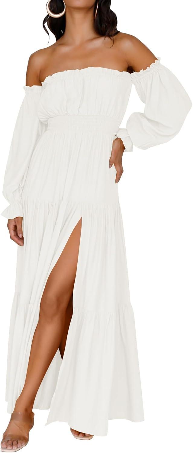 Product image of ZESICA Women's 2025 Boho Sexy Off Shoulder Long Sleeve Smocked High Waist Side Split Flowy A Line Tiered Long Maxi Dress