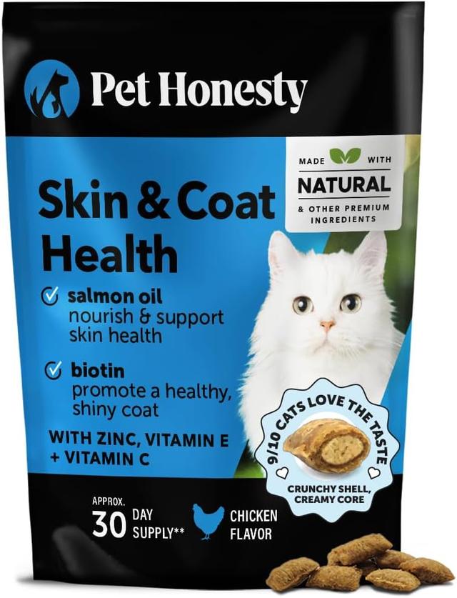 Product image of Cat Skin & Coat Health Crunchy & Creamy Chews - Omegas, Vitamin C + E, Biotin Supplement, Soothes Skin and Promotes Shiny Coat, Cat Supplements & Vitamins - Chicken (30-Day Supply)