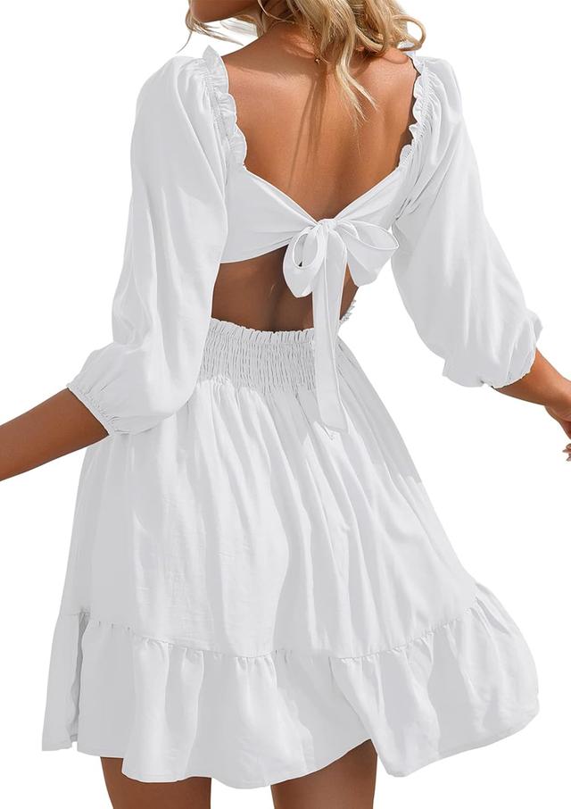Product image of Phortric Womens Summer Tie Back Dress Square Neck Lantern Sleeve Off Shoulder A-Line Casual Mini Dresses