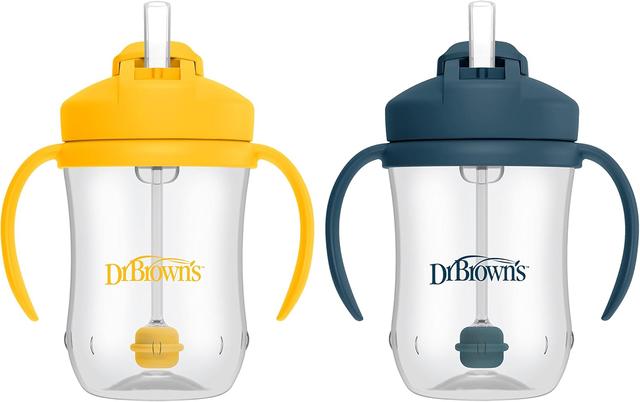 Product image of Dr. Brown's Milestones Baby's First Straw Cup, Training Cup with Weighted Straw, 9oz/270mL, Dark Blue/Vintage Yellow, BPA Free, 6m+, 2 Pack